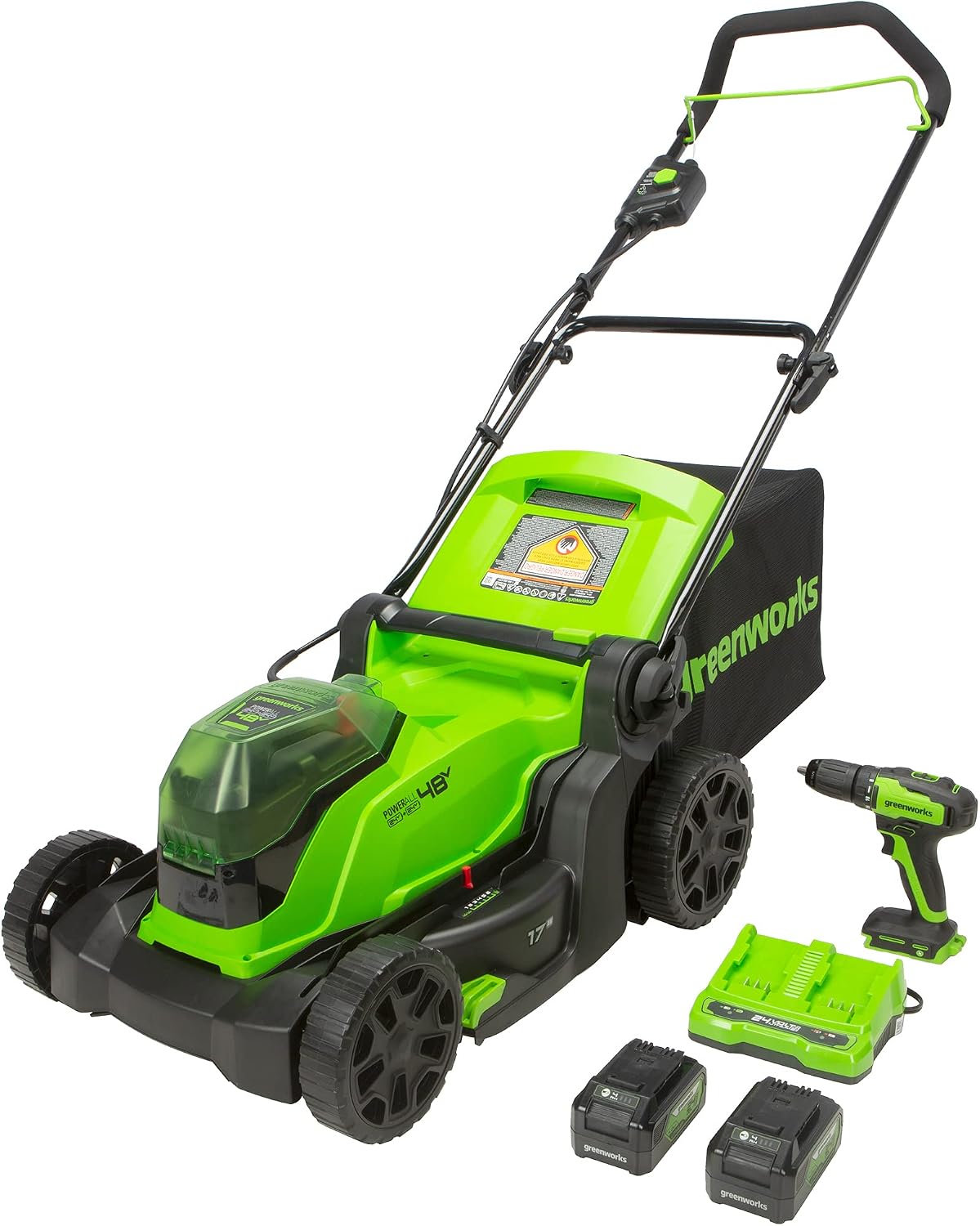 Greenworks 48V (2 x 24V) 17' Brushless Cordless Lawn Mower + 24V Drill / Driver, (2) 4.0Ah USB Batteries (USB Hub) and Dual Port Rapid Charger Included