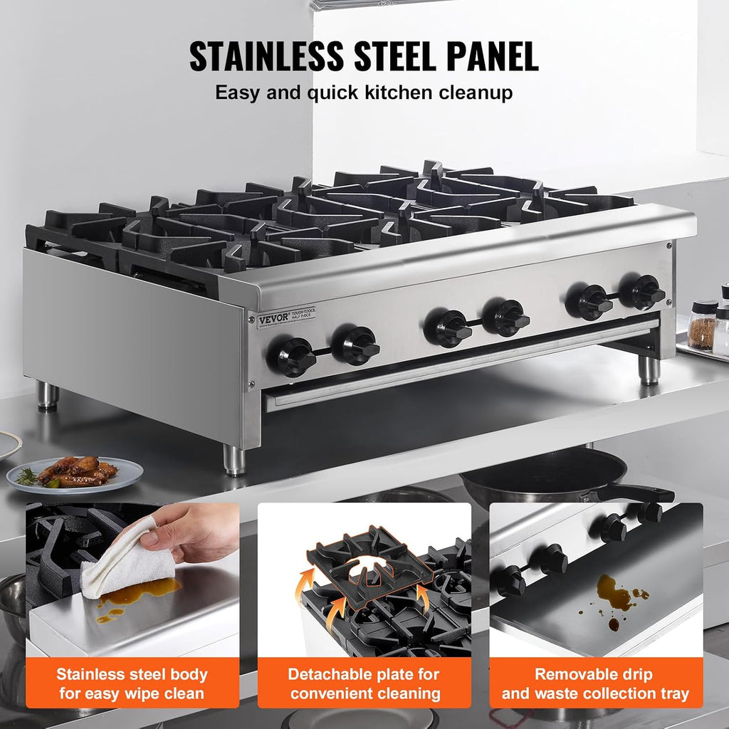 VEVOR Commercial Gas Stove with 6 Burners, Propane and Natural Gas Countertop Cooking Stove Range, Stainless Steel Gas Hot Plate, Commercial Cooking Equipment for Restaurant, 168,000 BTU