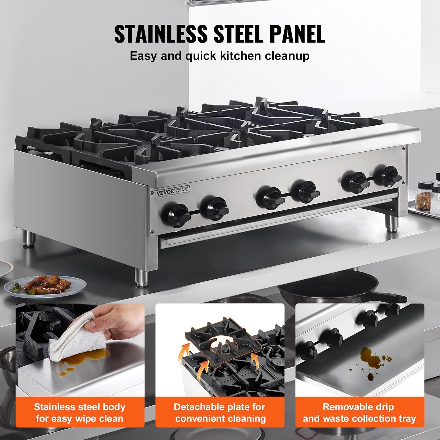 VEVOR Commercial Gas Stove with 6 Burners, Propane and Natural Gas Countertop Cooking Stove Range, Stainless Steel Gas Hot Plate, Commercial Cooking Equipment for Restaurant, 168,000 BTU