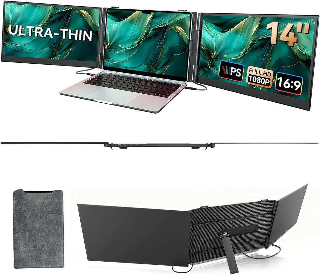 14' Triple Laptop Screen Extender, Ultra-Thin Lightweight FHD 1080P IPS Portable Monitor, Extended Dual Screen for Laptops 13-17.3' Compatible with Wins Mac Chrome Dex Phone Travel Work