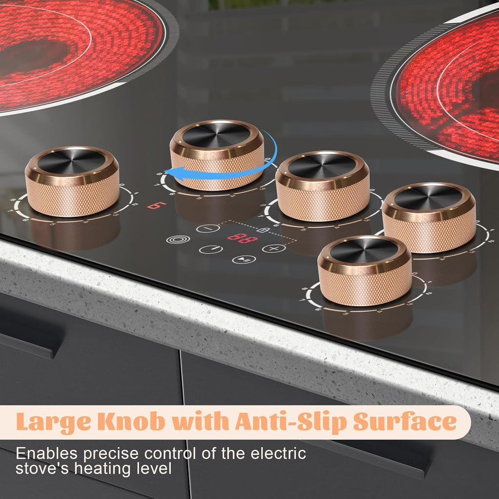 36 Inch Electric Cooktop 220V, 9200W Powerful 5 Burner Electric Stove Top, Built-in Ceramic Cooktop 36' with Dual/Triple Ring Burner, Knob & Touch Control, Safety Lock, 220-240V Hard Wire