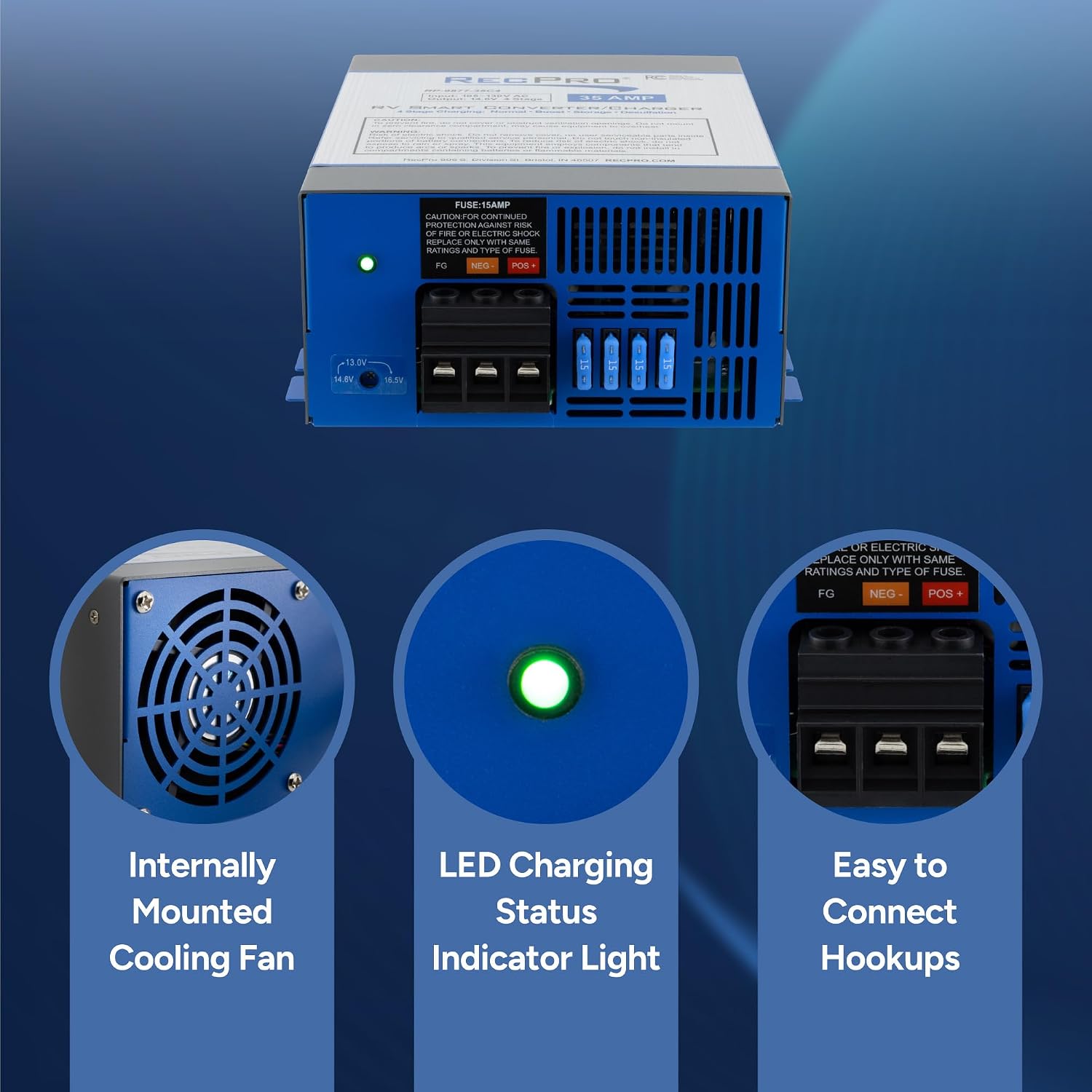 RecPro RV Converter 35 Amp | RV Power Converter & Battery Charger | 4 Stage Smart Charging | 120VAC to 12VDC | 13V to 16.5V Operating Range