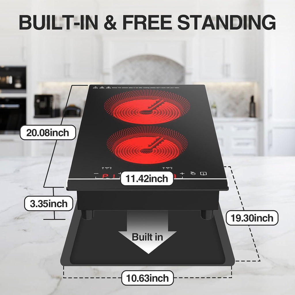 Electric Cooktop 2 Burner, 3000W Electric Stove Top 12' Plug in, 220-240V Burner Countertop and Bulit in,9 Power Levels,Suitable for All Pans,Infrared Burner