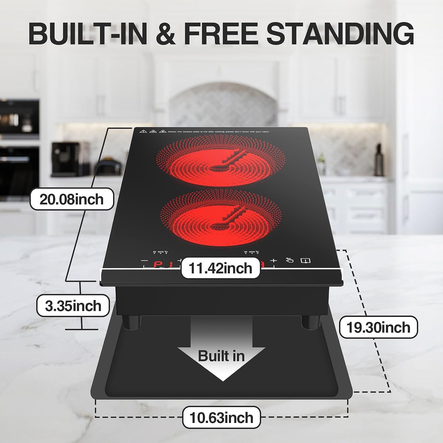 Electric Cooktop 2 Burner, 3000W Electric Stove Top 12' Plug in, 220-240V Burner Countertop and Bulit in,9 Power Levels,Suitable for All Pans,Infrared Burner