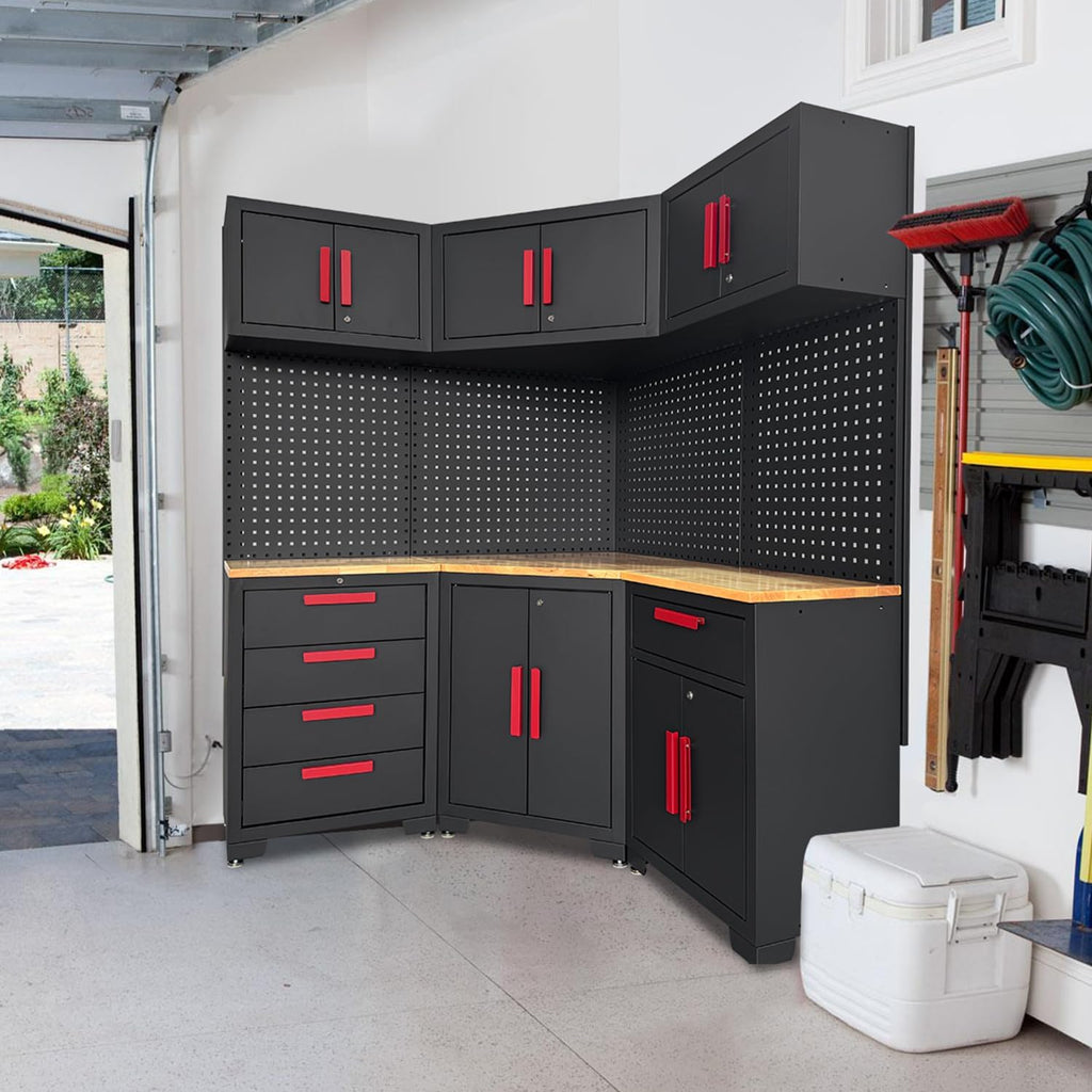 Corner Workshop Set - 10-Pcs Garage Cabinets and Storage System with Corner Cabinet, Cabinet Drawers, Workbench, Pegboard for Tool Organization Workshop, Red and Black