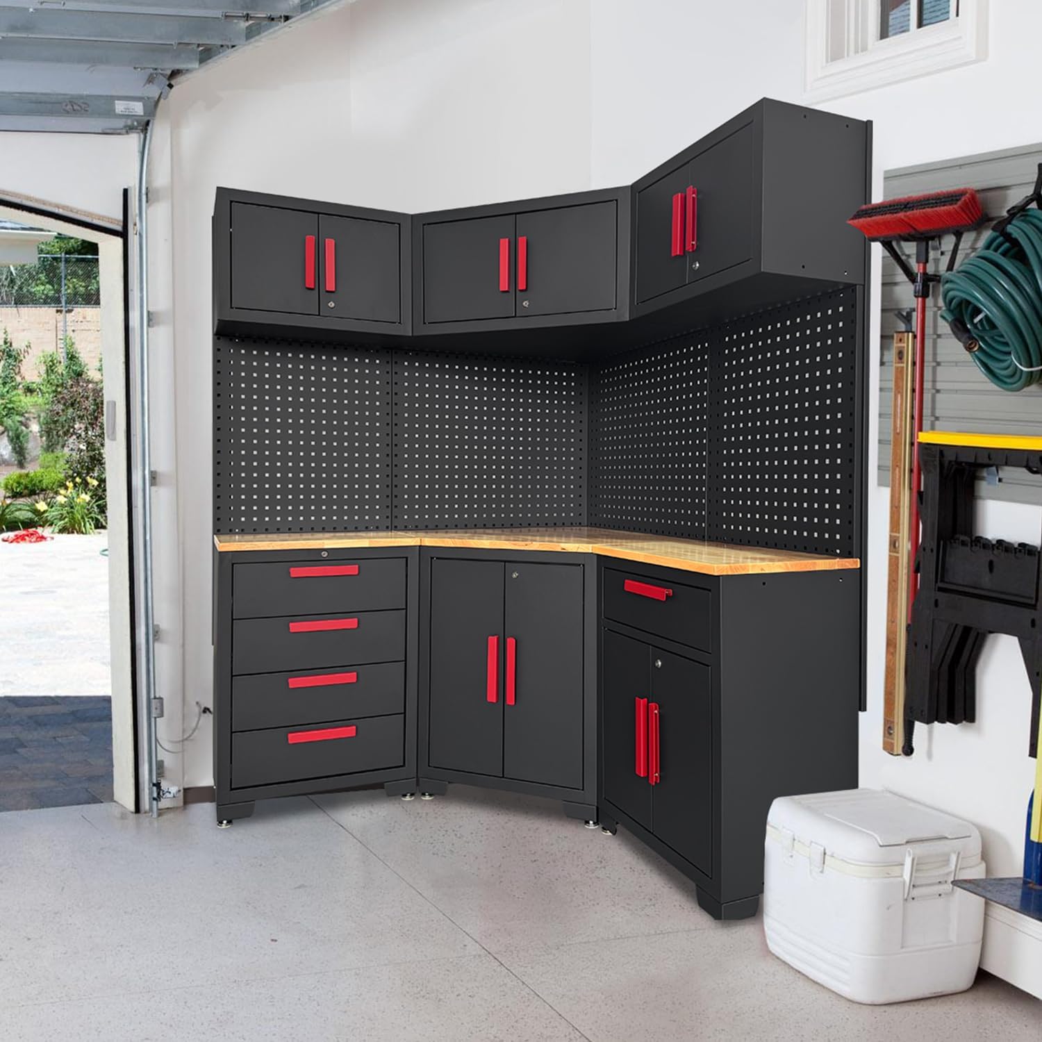 Corner Workshop Set - 10-Pcs Garage Cabinets and Storage System with Corner Cabinet, Cabinet Drawers, Workbench, Pegboard for Tool Organization Workshop, Red and Black