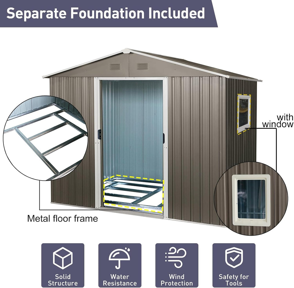 8 x 6 FT Outdoor Storage Shed, Metal Garden Shed with Floor Frame, Tool Shed Outdoor Storage with Lockable Sliding Doors & Window & Air Vents, Storage House Waterproof for Backyard, Lawn, Gray