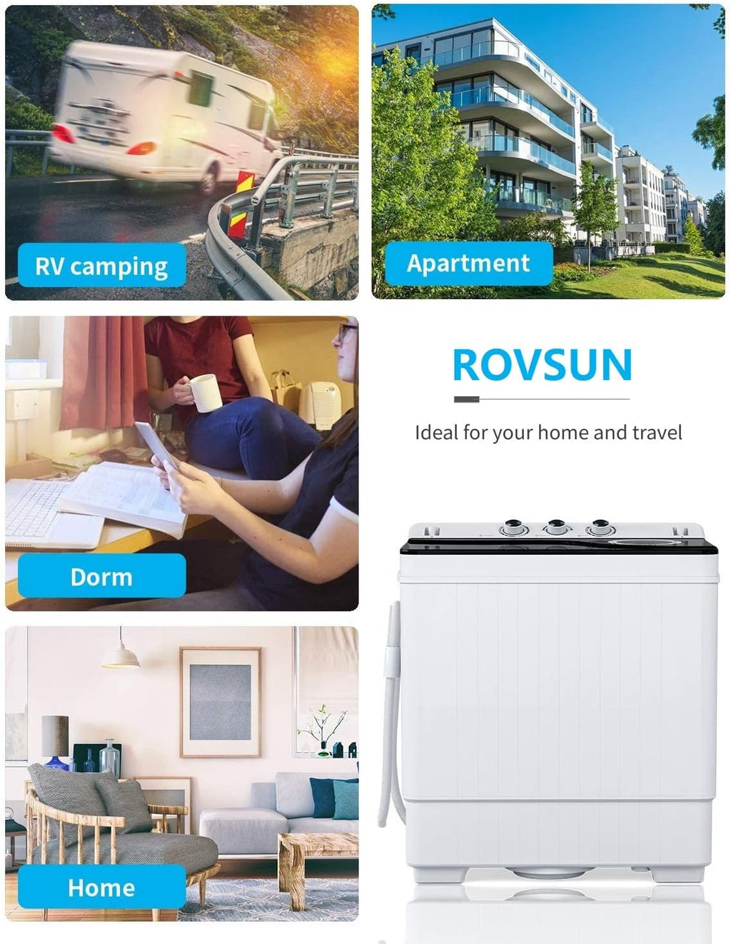 Compact Twin Tub Portable Mini Washing Machine 26lbs Capacity, Washer(18lbs)&Spiner(8lbs)/Built-in Drain Pump/Semi-Automatic (White&Black)