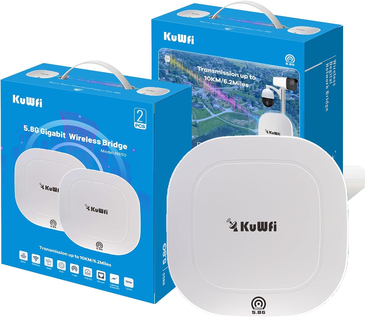 KuWFi 5.8G Gigabit Point to Point WiFi Bridge Kit,TDMA 10KM Long Range Outdoor Point to Point Wireless Bridge CPE, Extending WiFi to outbuildings，Support Starlink Router/Camera