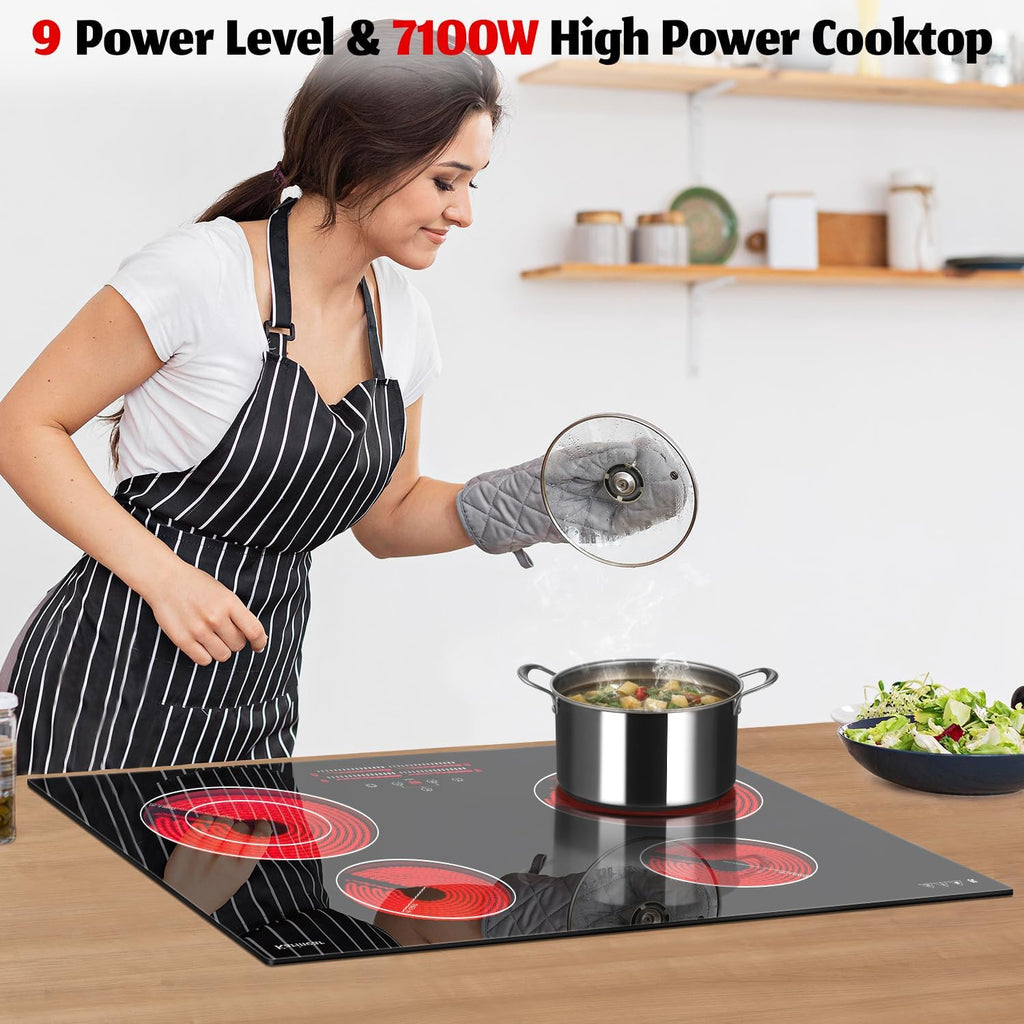 Karinear 4 Burner Electric Cooktop 30 Inch, 240V Radiation Stove Top 30 Inch Built-in Install, 7100W Electric Ceramic Cooktop with Slide Control, Timer, Child Safety Lock, Expandable Burner(No Plug)
