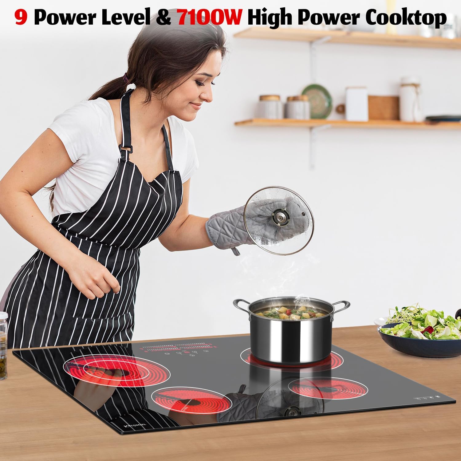 Karinear 4 Burner Electric Cooktop 30 Inch, 240V Radiation Stove Top 30 Inch Built-in Install, 7100W Electric Ceramic Cooktop with Slide Control, Timer, Child Safety Lock, Expandable Burner(No Plug)