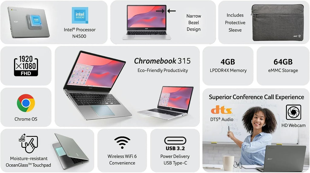 acer Chromebook 315 15.6' FHD Laptop Computer, Dual Core Intel Celeron N4500, 4GB RAM 192GB Storage (64GB eMMC+128GB SD Card), 10+ Hrs, Numeric Keypad, Wi-Fi 6, Type-C, Chrome OS, Silver, w/Battery