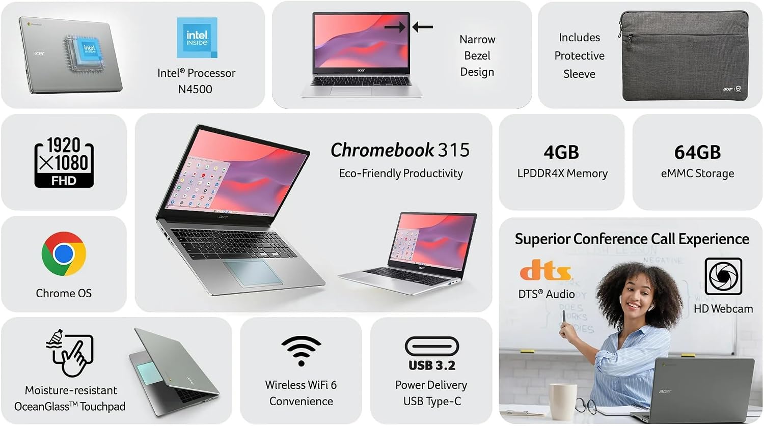 acer Chromebook 315 15.6' FHD Laptop Computer, Dual Core Intel Celeron N4500, 4GB RAM 192GB Storage (64GB eMMC+128GB SD Card), 10+ Hrs, Numeric Keypad, Wi-Fi 6, Type-C, Chrome OS, Silver, w/Battery