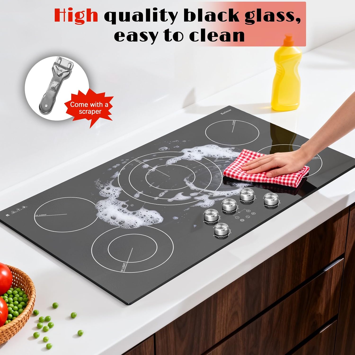 Karinear 36 inch Electric Cooktop, 5 Burner Radiant Cooktop with Knob & Touch Control, 9200W 240V Built-in Stove Top, 9 Power Levels, Timer, Child Lock, Pause, Residual Heat Indicator(Sliver Knob)