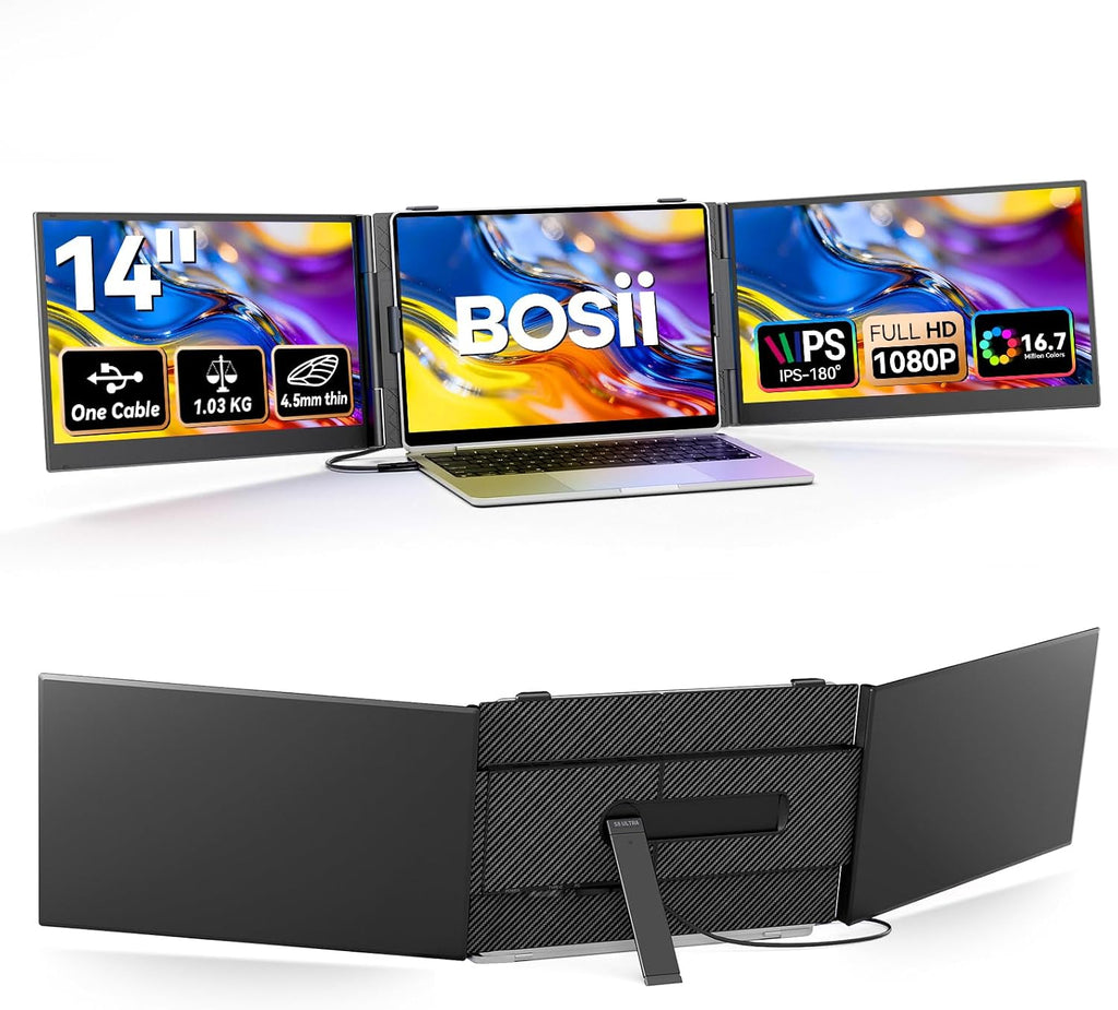 BOSII Laptop Screen Extender One Cable - Triple 14' Ultra Thin IPS FHD 1080P Portable Monitor for 13.3'-17' Laptops Compatible with Windows Mac Travel Work