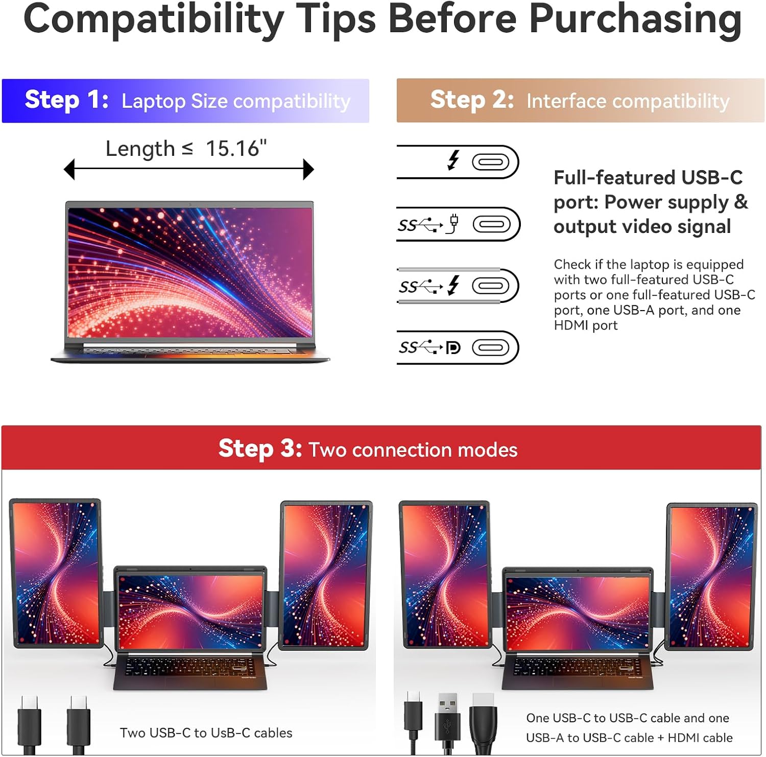 LXU Laptop Screen Extender, 16' 1200P Triple Laptop Monitor Extender, 16:10 Detachable Portable Extended Monitor for Laptops 12~16.5 Inch, No Driver, Plug n Play for Windows, MacBooks (NOT M1 M2 M3)