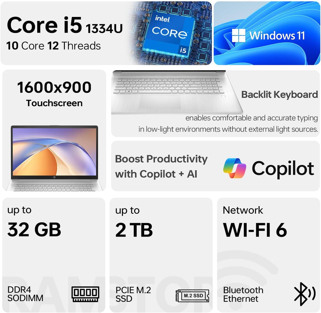 HP Essential 2026 Business Laptop, 17.3' Touchscreen, Intel Core i5-1334U Processor, 16GB RAM, 1TB SSD, Wi-Fi 6, W11 Pro, Webcam, Next gen AI, Backlit KB, Bundle with PCO Laptop Cooler