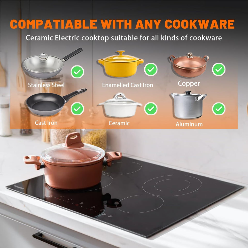 Electric Cooktop, 30 Inch Built-in Ceramic Cooktops 6400W, Electric Stove Top with 4 Burners 220-240V(No Plug), 9 Heating Levels, Child Lock, Sensor Touch Control, Residual Heat Warning