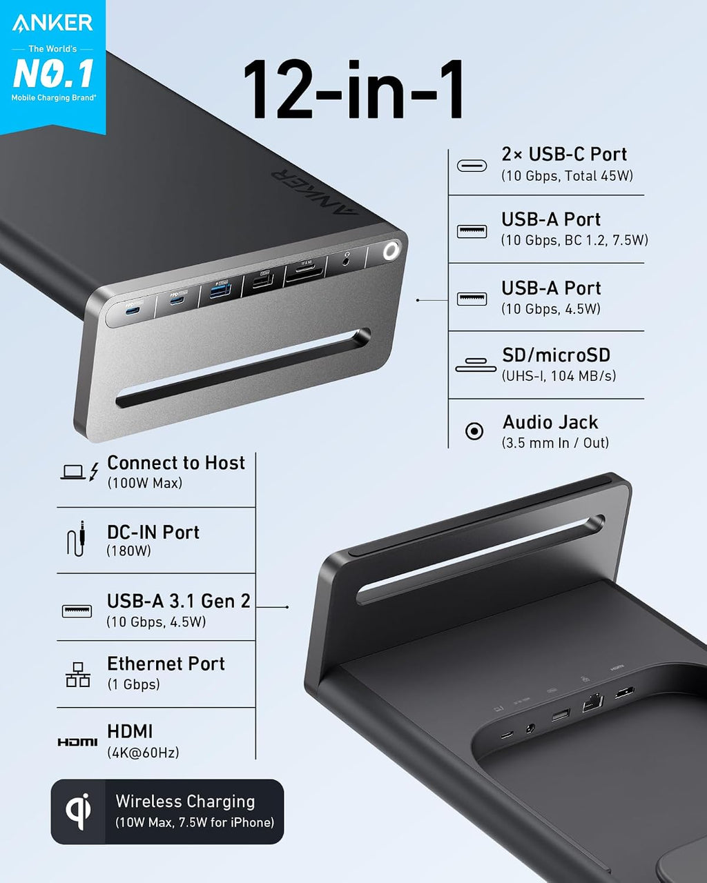 Anker 675 USB-C Docking Station (12-in-1, Monitor Stand, Wireless) with 10Gbps USB-C Ports, 4K@60Hz HDMI Display, Wireless Charging Pad, for Lenovo ThinkPad, MacBook Pro M1 / M2