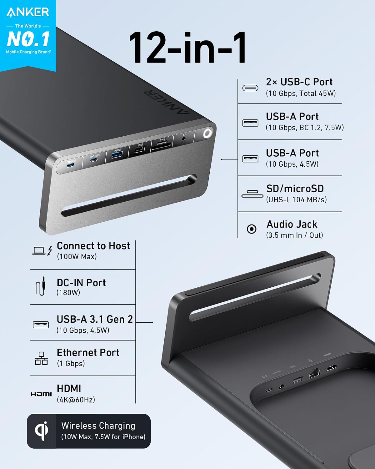 Anker 675 USB-C Docking Station (12-in-1, Monitor Stand, Wireless) with 10Gbps USB-C Ports, 4K@60Hz HDMI Display, Wireless Charging Pad, for Lenovo ThinkPad, MacBook Pro M1 / M2