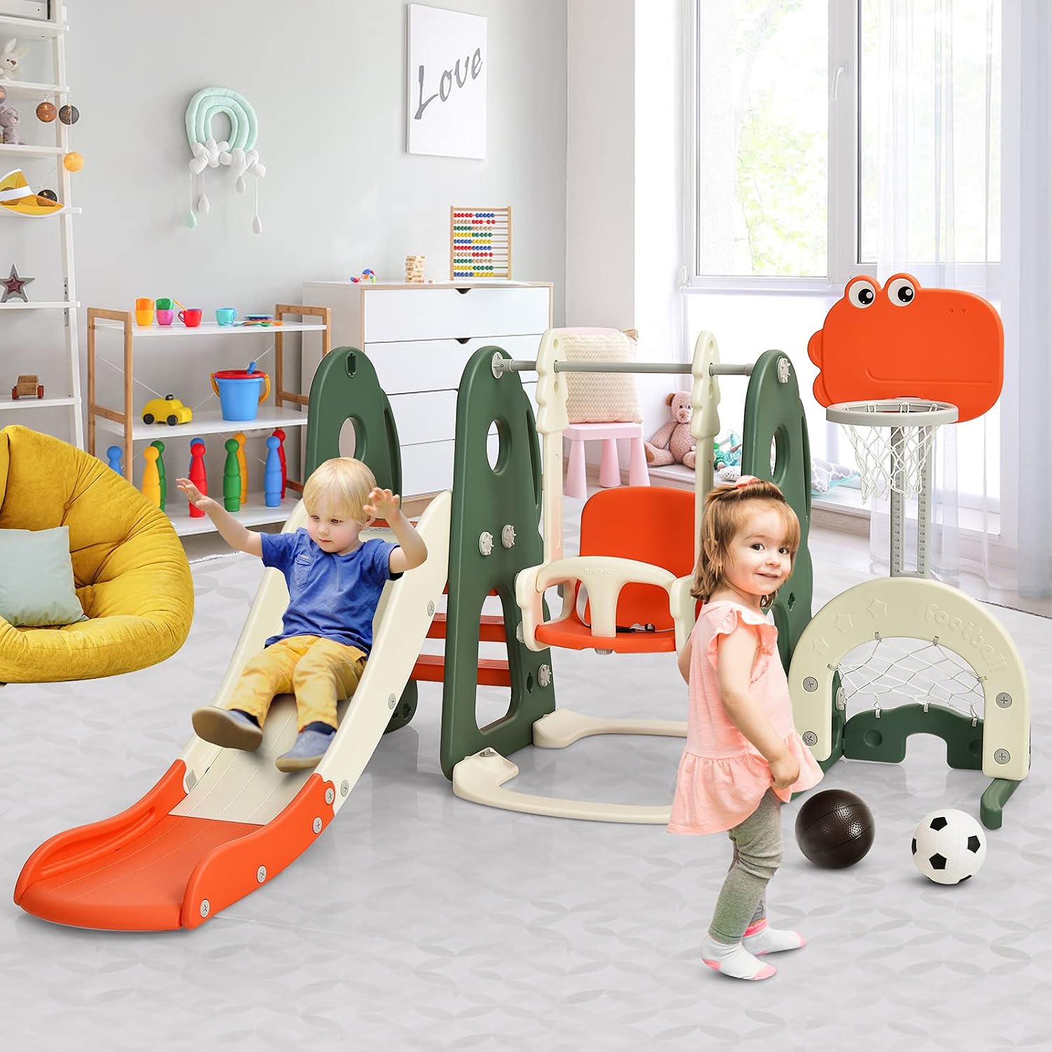 Costzon 6 in 1 Toddler Slide and Swing Set, Kids Large Climber Slide Playset with Basketball Hoop, Football Gate and Golf Hole, Playground Swing Set for Indoor Outdoor Backyard 2-12 Gifts Presents