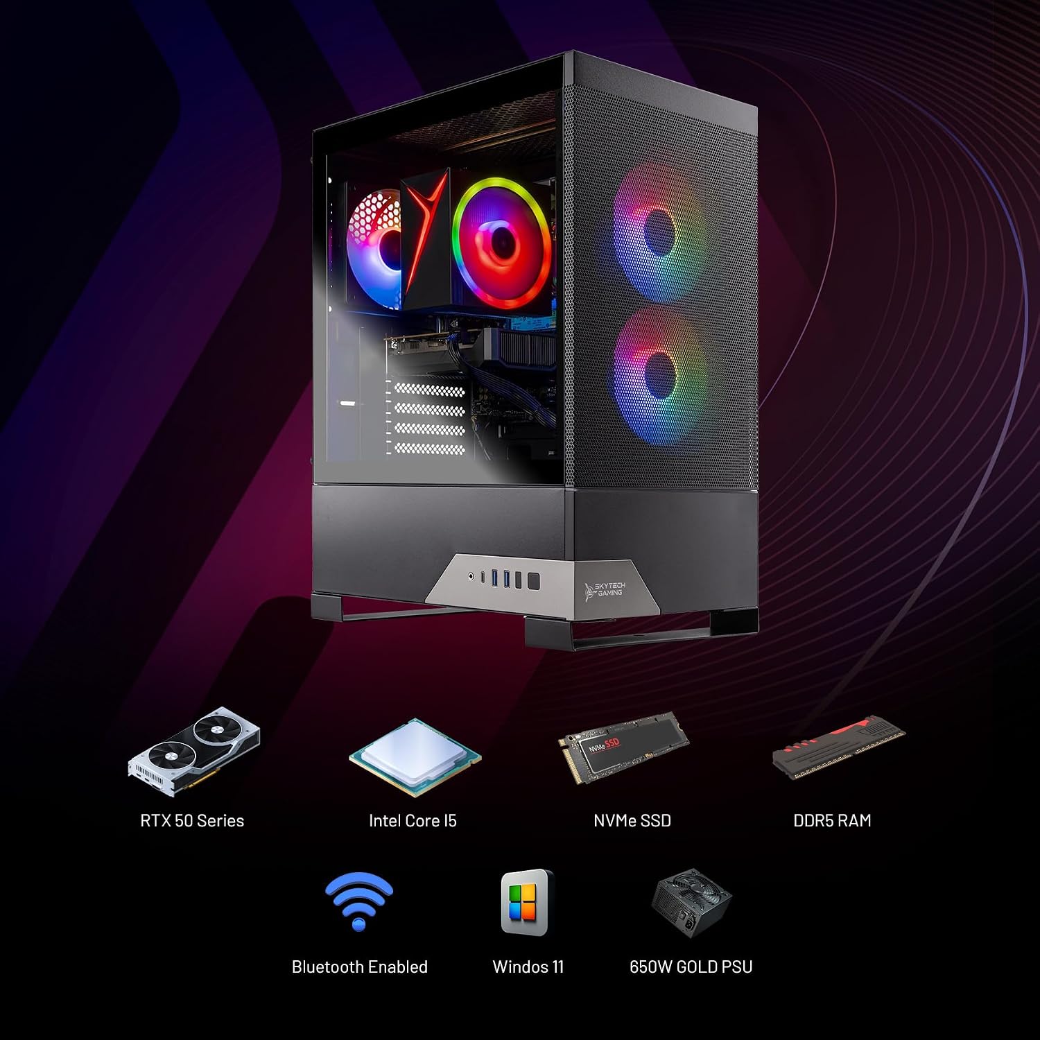 Skytech Gaming Nebula 2 Gaming PC, Intel i5 14400F 2.5GHz, NVIDIA RTX 5050 8GB, 1TB NVMe SSD, 16GB DDR5 RAM 5200, 650W Gold PSU, Wi-Fi, Win 11, Gaming Desktop