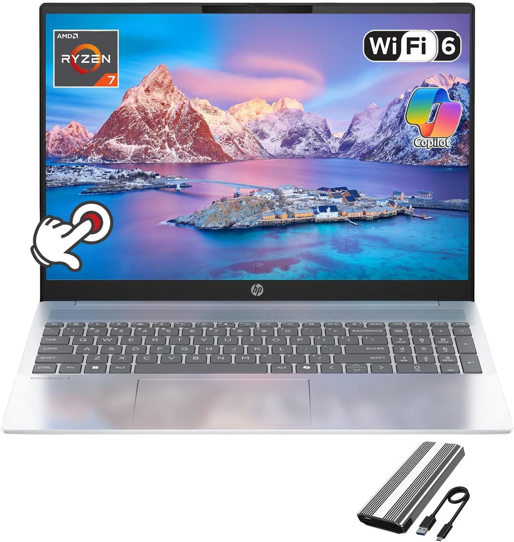 HP Omnibook 5 16' Copilot+ AI Laptop - AMD Ryzen AI 7 (50 Tops) - 2K (1920 x 1200) Touchscreen - Backlit Keyboard - 16GB Memory - 1TB SSD – Windows 11 – W/128GB Portable SSD