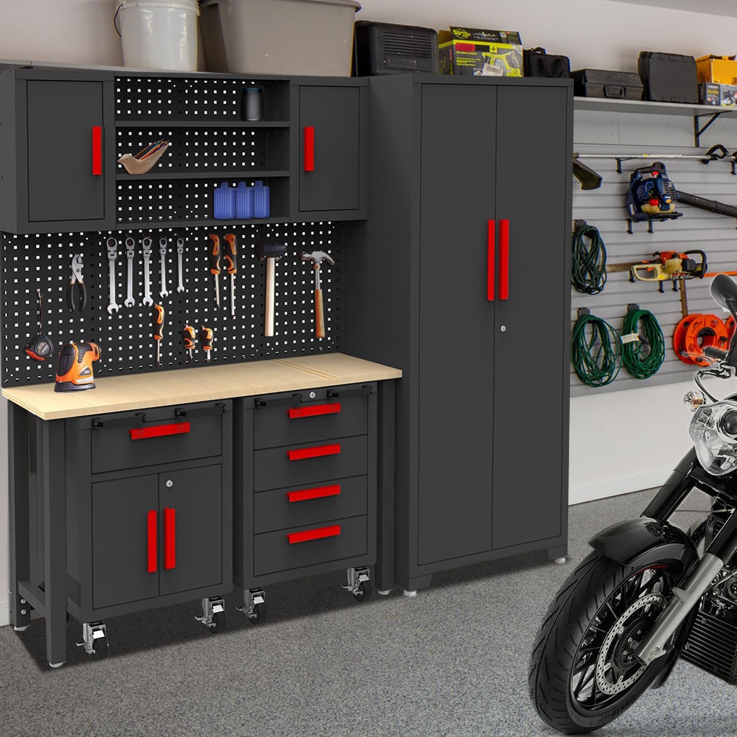 6-Pcs Garage Storage Cabinet System - Garage Workshop Set with Steel Cabinet Drawers, Rolling Chest, Workbench, Pegboard for Tool Organization