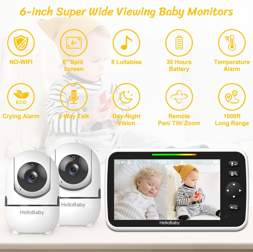 HelloBaby Baby Monitor with 2 Cameras, 6' World First Split Screen, No WiFi, 30H Battery, 355° Pan-Tilt-Zoom, Night Vision, VOX, 8 Lullabies, Temperature Alert, 1000ft Range, Portable for Travel