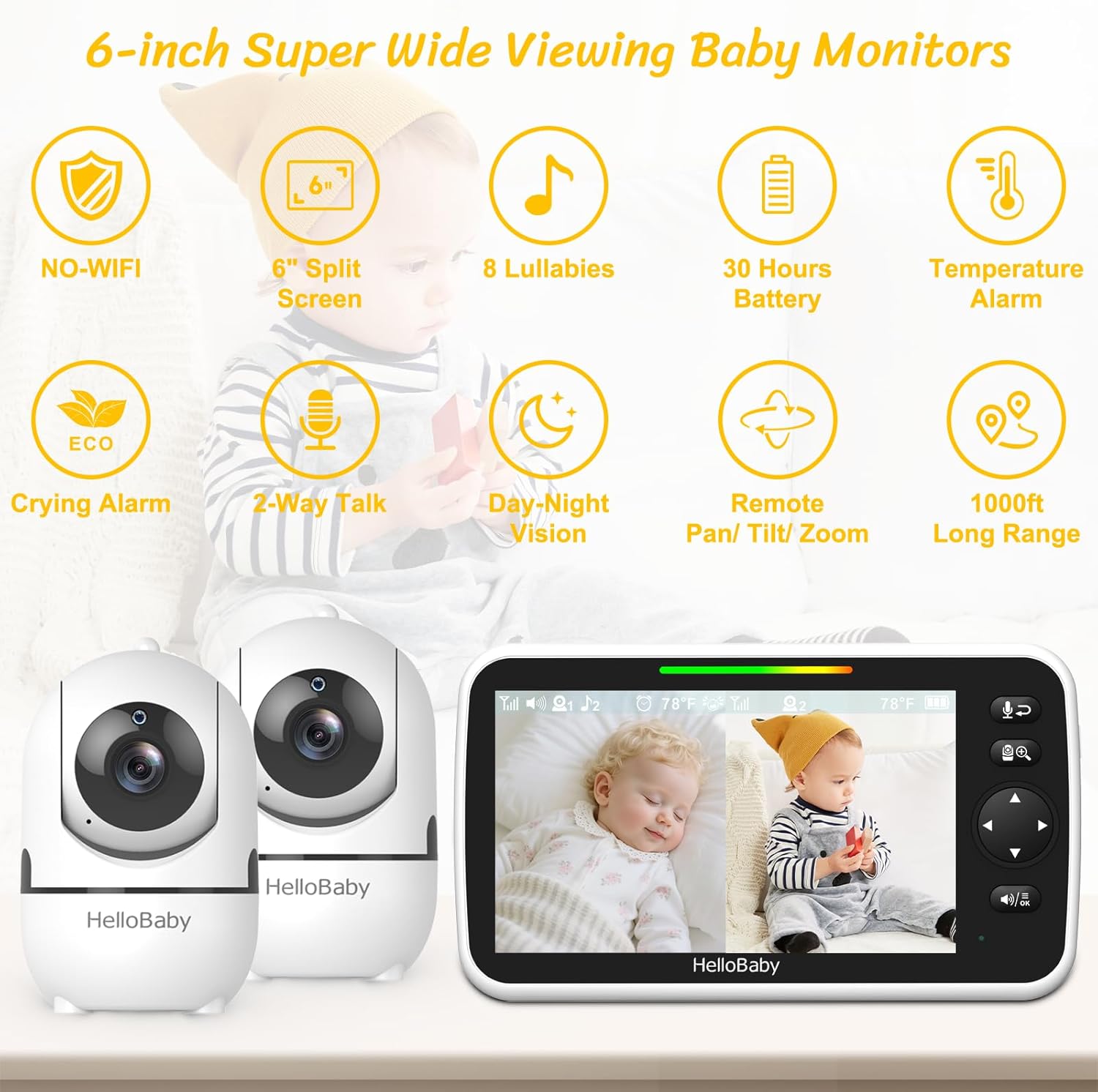 HelloBaby Baby Monitor with 2 Cameras, 6' World First Split Screen, No WiFi, 30H Battery, 355° Pan-Tilt-Zoom, Night Vision, VOX, 8 Lullabies, Temperature Alert, 1000ft Range, Portable for Travel