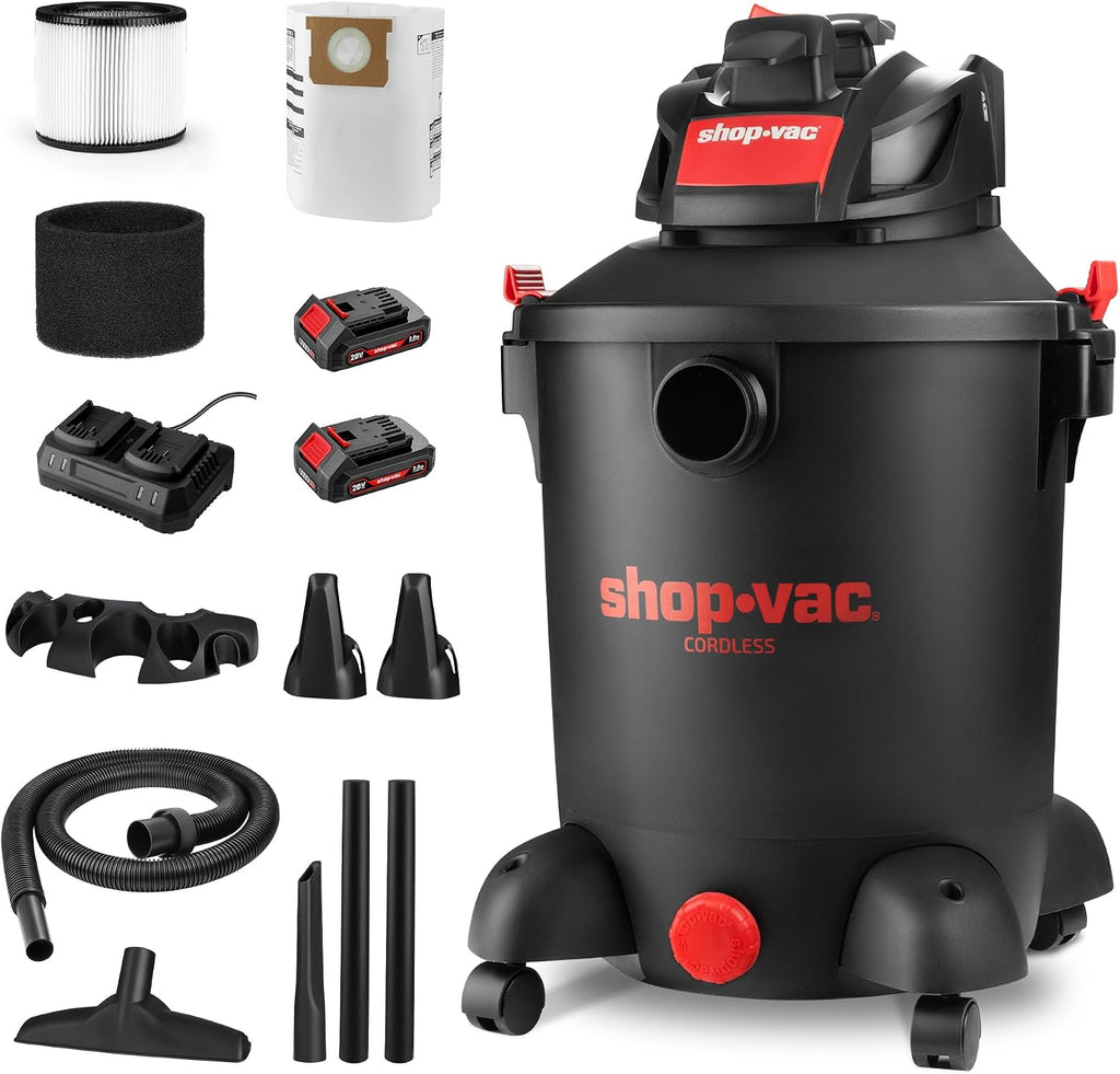 Shop-Vac 5430031 10 Gallon 20V Cordless Wet/Dry Vacuum with 1.5-inch x 7-Foot Hose, Includes (2) Extension Wands, Cartridge Filter, Collection Bag, and Foam Sleeve