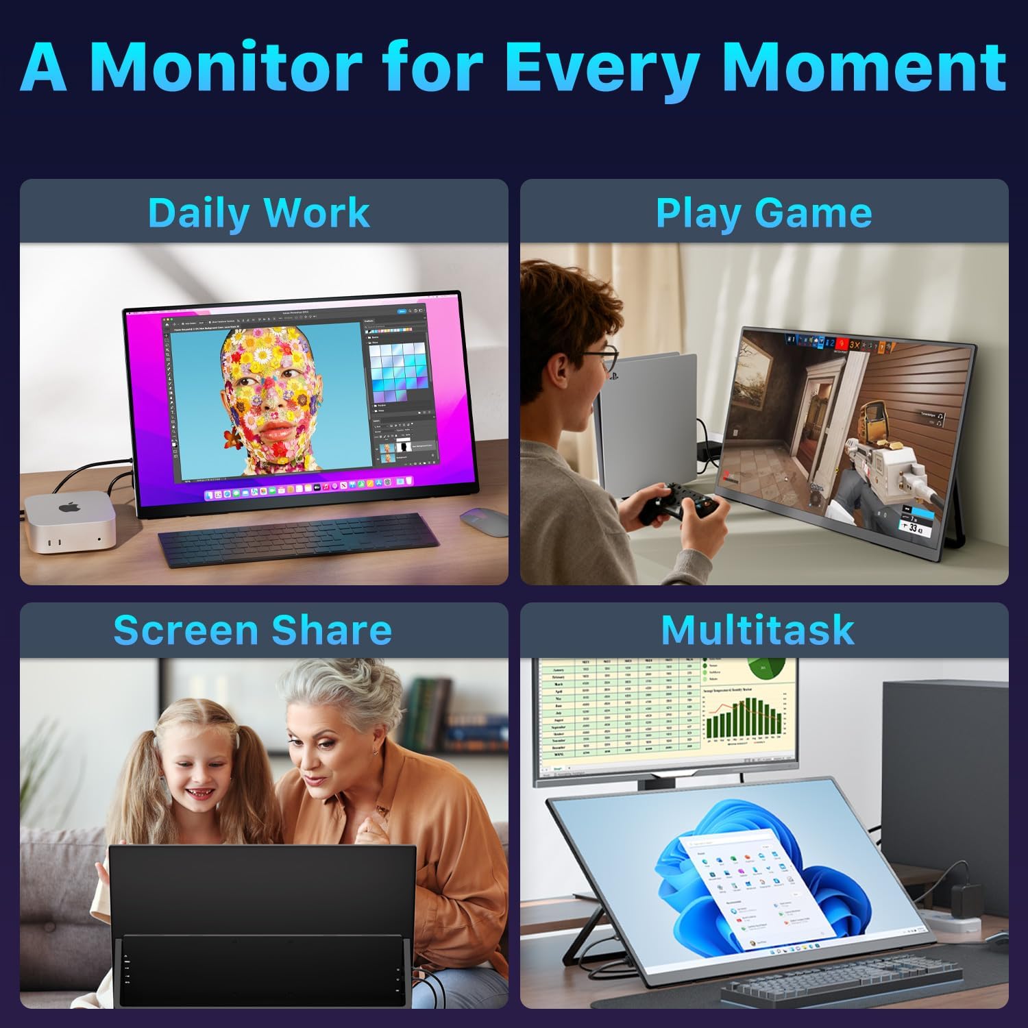 Upperizon Portable Monitor 23.8 inch 4K 3840X2160 144% sRGB 60Hz HDR HDMI USB-C Travel Monitor for Laptop MacBook PC Surface PS5 Xbox, Large External Display with Kickstand & Speakers, VESA Compatible