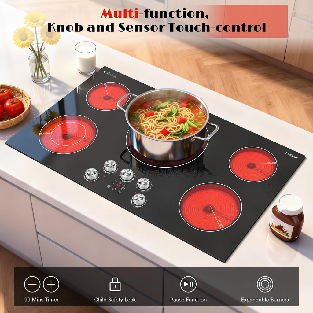 Karinear 36 inch Electric Cooktop, 5 Burner Radiant Cooktop with Knob & Touch Control, 9200W 240V Built-in Stove Top, 9 Power Levels, Timer, Child Lock, Pause, Residual Heat Indicator(Sliver Knob)