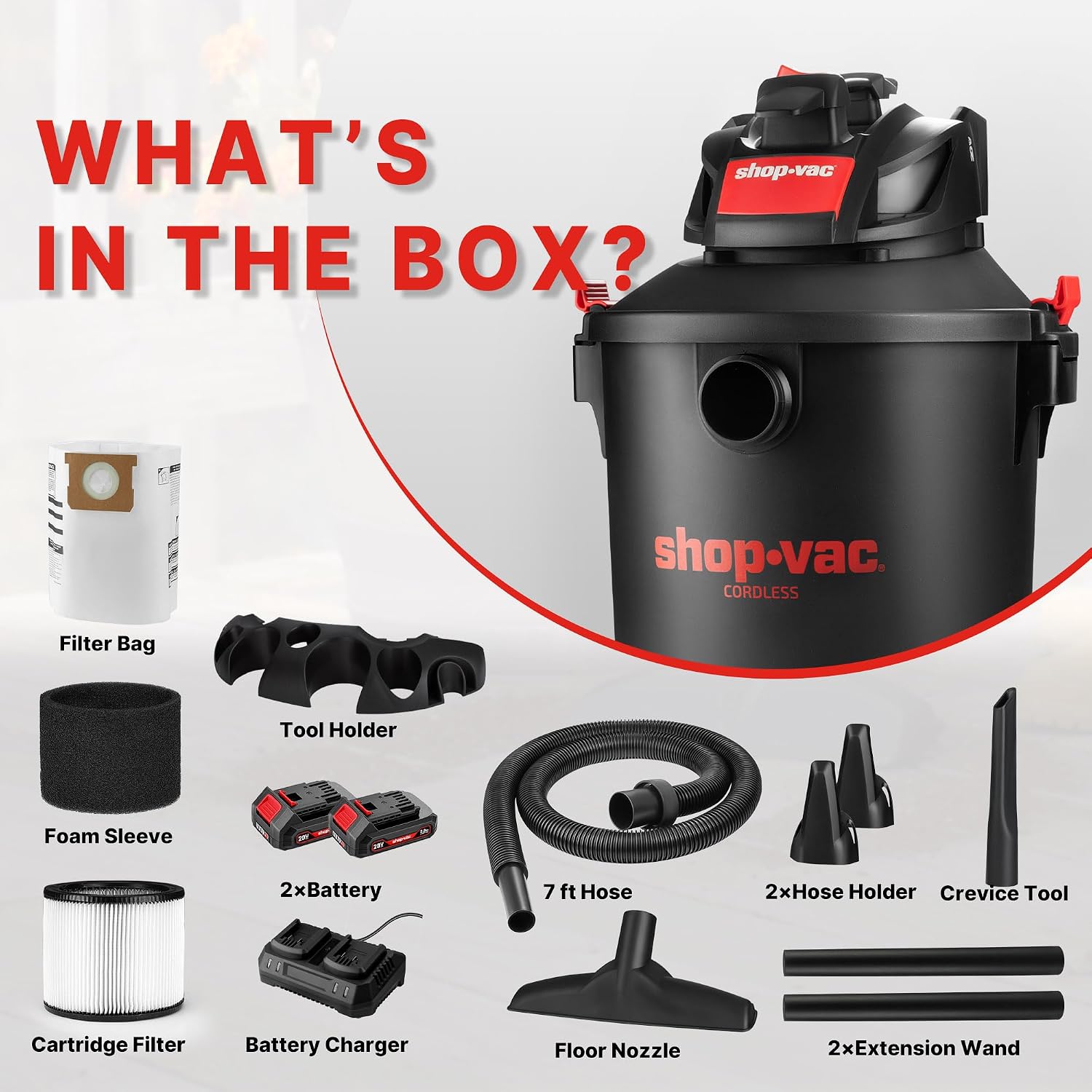 Shop-Vac 5430031 10 Gallon 20V Cordless Wet/Dry Vacuum with 1.5-inch x 7-Foot Hose, Includes (2) Extension Wands, Cartridge Filter, Collection Bag, and Foam Sleeve