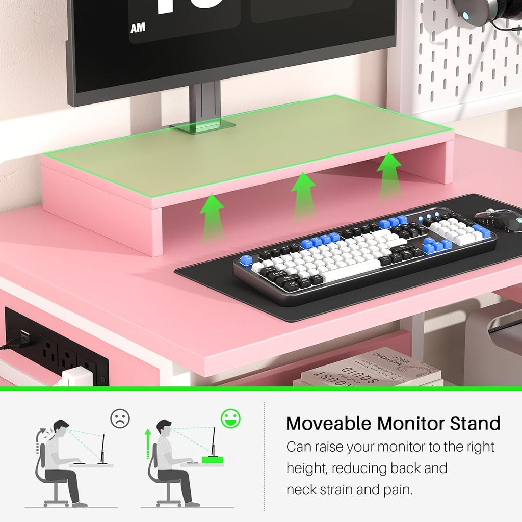 Small Gaming Desk with 2 Fabric Drawers - Reversible Computer Desk with Power Outlet & LED Lights, 49' Office Desk with Monitor Stand & Storage Shelves, Writing Study Table with Pegboard, Pink