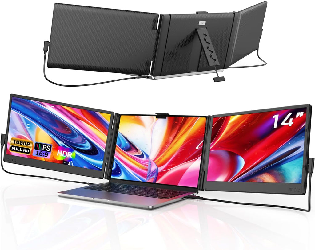Laptop Screen Extender, 14'' FHD 1080P IPS Portable Monitor for Laptop, Triple Screen Extender Monitor Plug-Play for Mac/Windows/Chrome, Fit 13'-17.3' Laptops