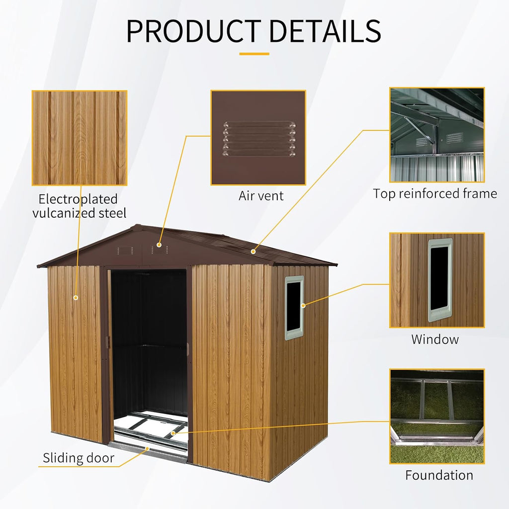 8 x 4 FT Outdoor Storage Shed, Metal Garden Shed with Floor Frame, Tool Shed Outdoor Storage with Lockable Sliding Doors & Window & Air Vents, Storage House Waterproof for Backyard, Lawn, Coffee