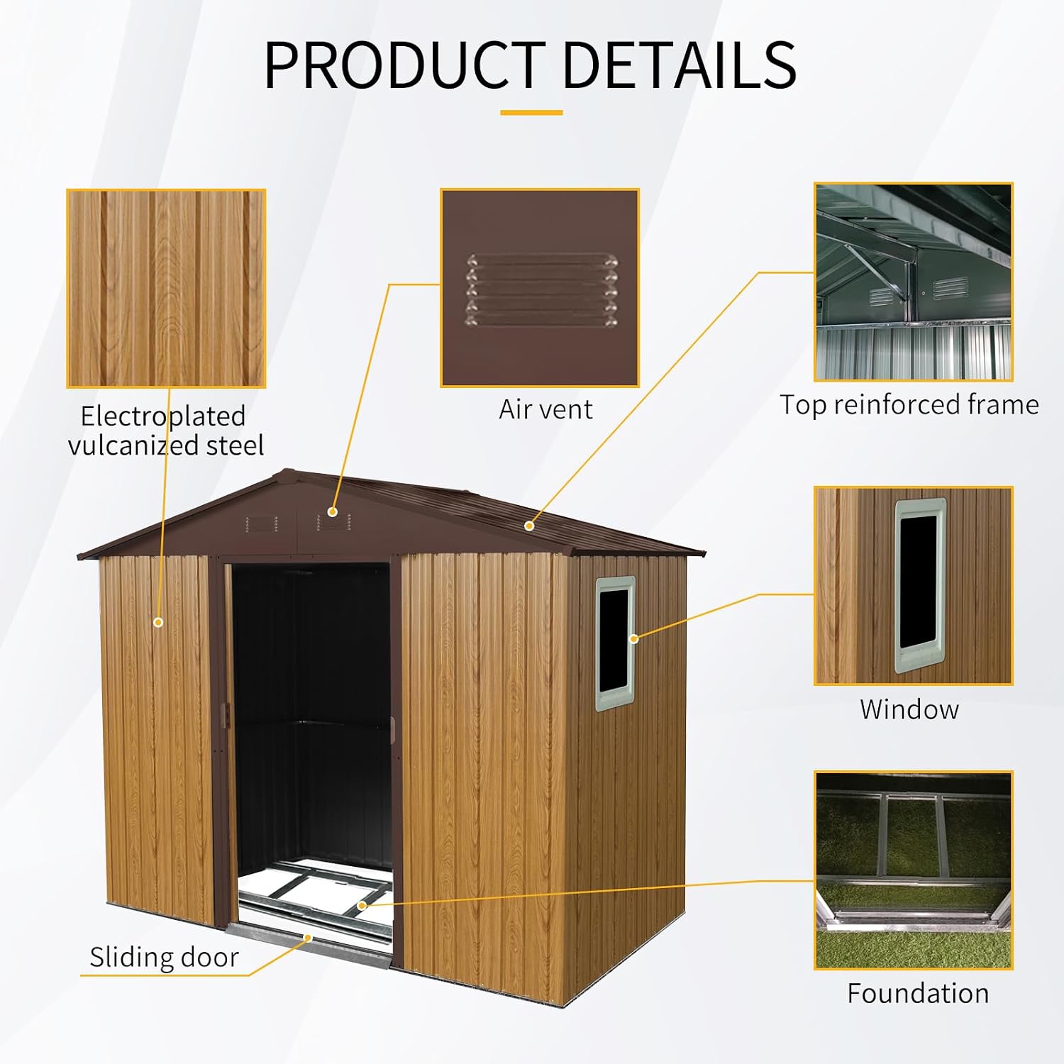 8 x 4 FT Outdoor Storage Shed, Metal Garden Shed with Floor Frame, Tool Shed Outdoor Storage with Lockable Sliding Doors & Window & Air Vents, Storage House Waterproof for Backyard, Lawn, Coffee