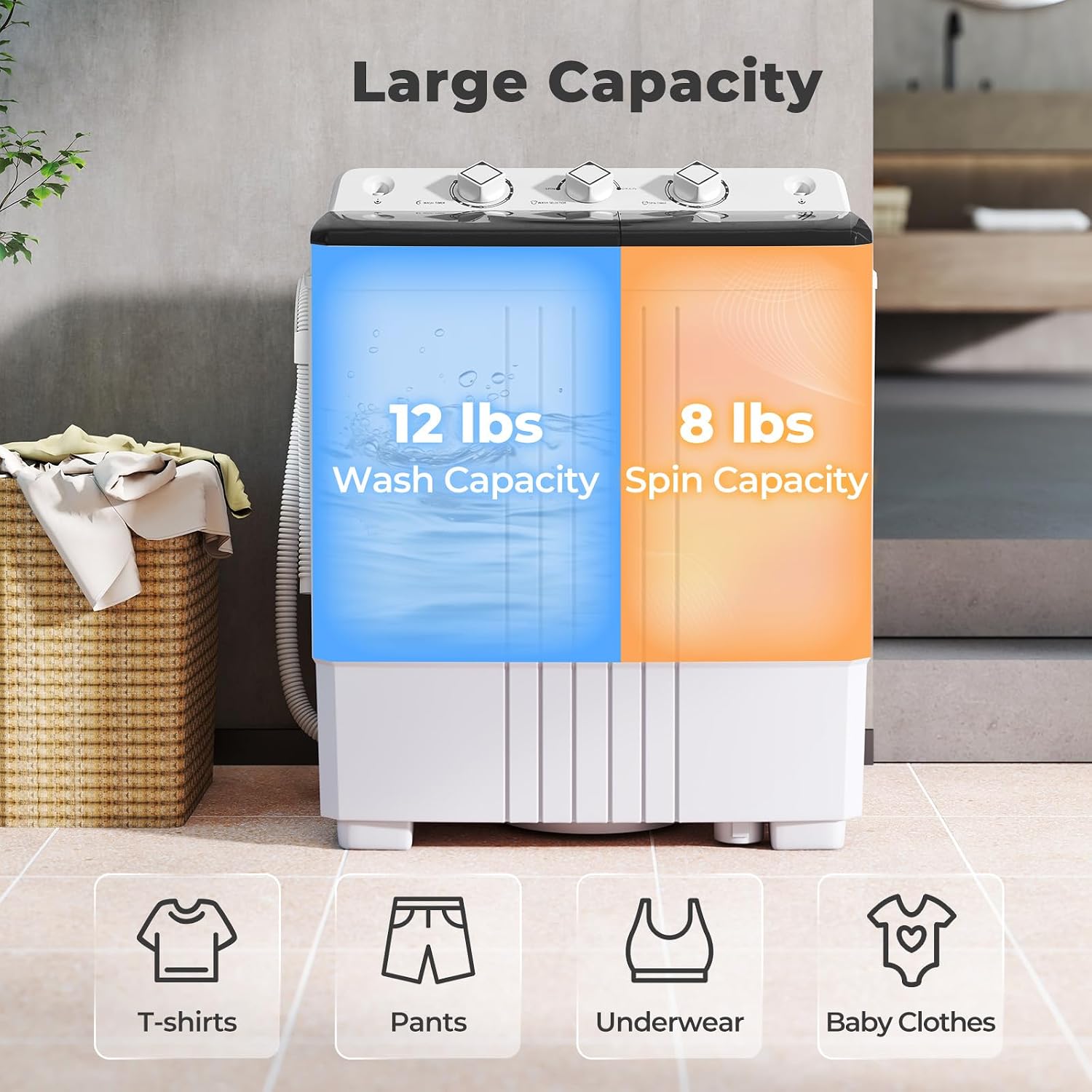Giantex Portable Washing Machine, 20 LBS Washer & Spinner Combo with Built-in Drain Pump & Time Control, Compact Twin Tub 12 LBS Washing & 8 LBS Spin Drying for Apartment Dorm RV (Black+White)