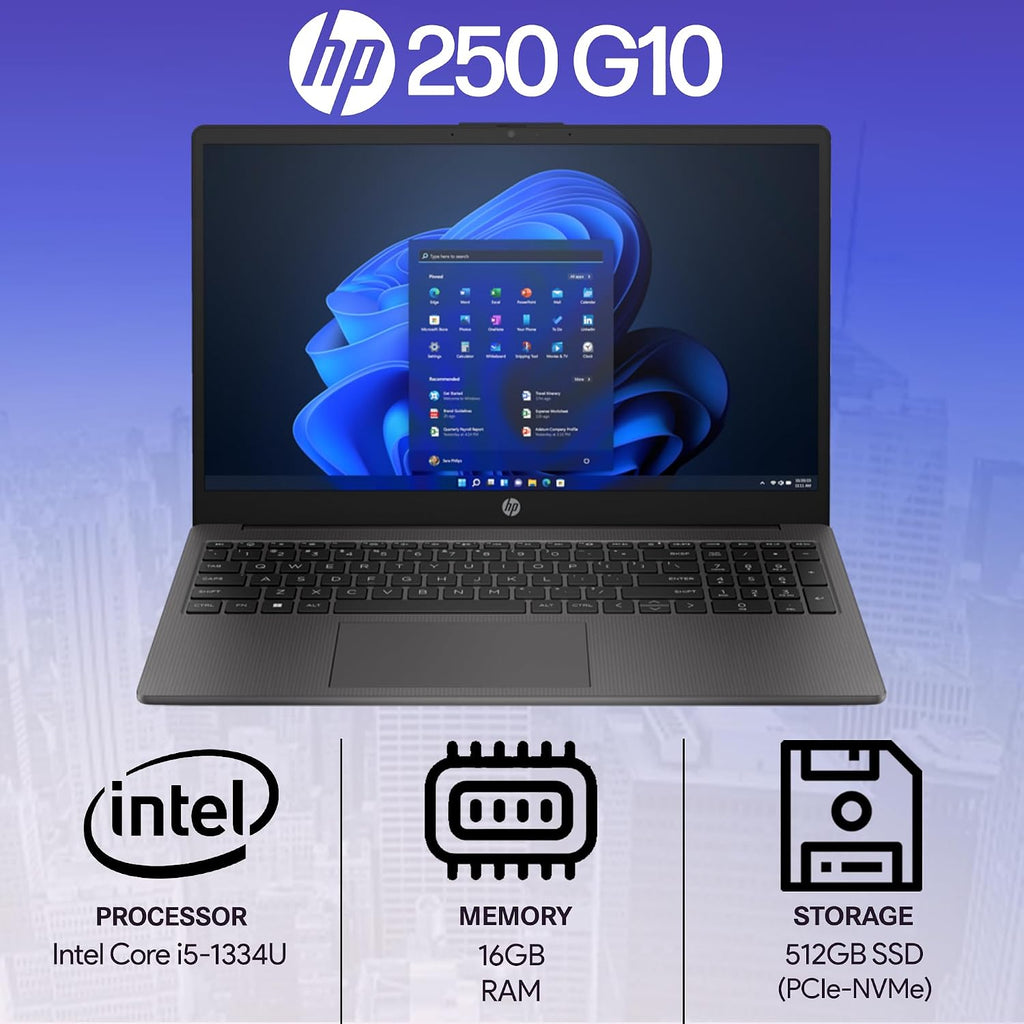 HP 250 255 G10 Business Laptop 15.6' FHD Display, Intel Core i5-1334U (Beats AMD Ryzen 5 7530U) 16GB RAM, 512GB PCIe SSD for Home, Student, Webcam, Numeric Keypad, Windows 11 Pro