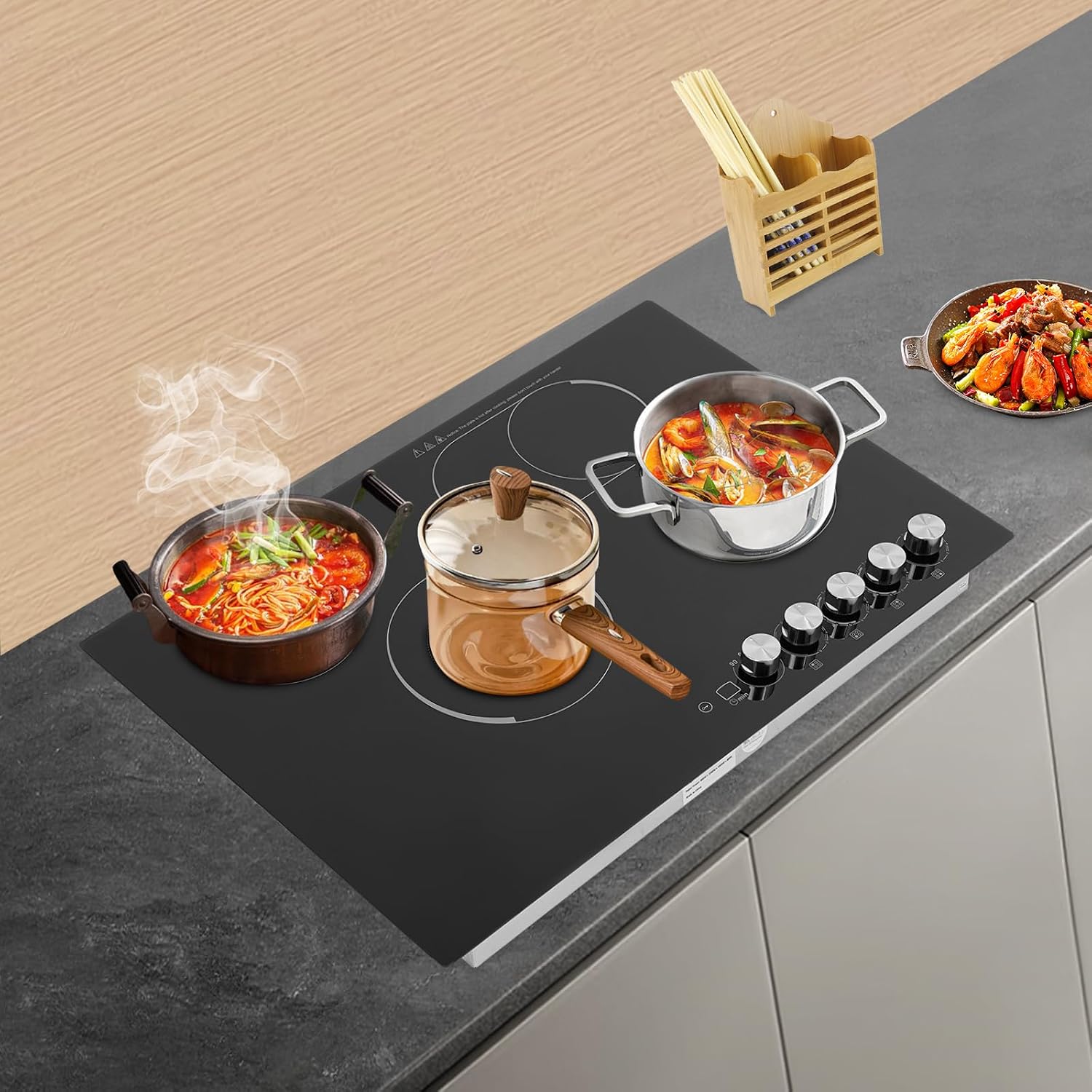 Electric Cooktop 24 Inch, 3700W Drop-in 4 Burner Electric Stovetop in Black with 5 Power Levels, 0-99 Minute Timer, Child Safety Lock, 110V - 23.62x20.08x3.94in(No Plug)