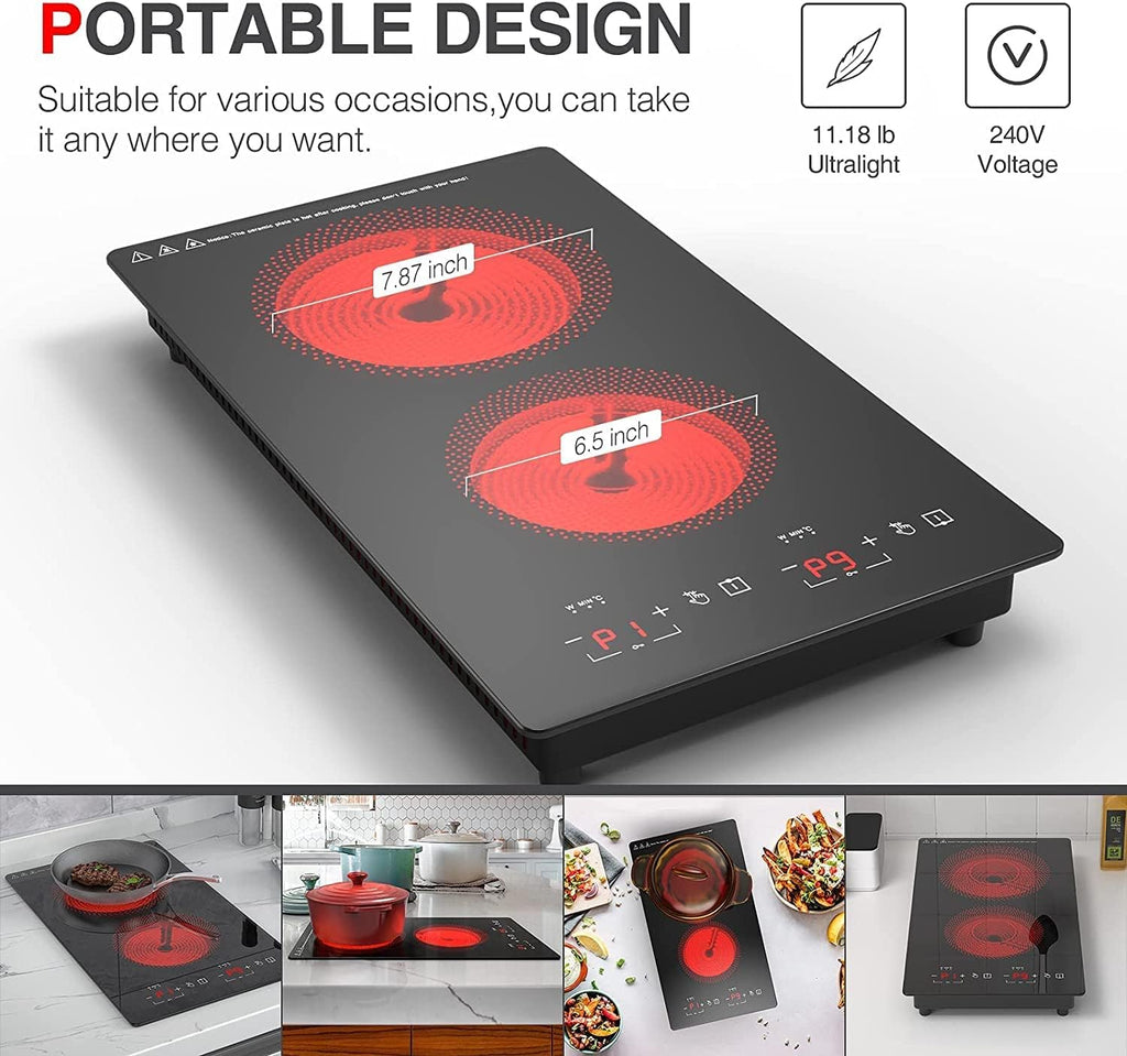 Electric Cooktop 2 Burner, 3000W Electric Stove Top 12' Plug in, 220-240V Burner Countertop and Bulit in,9 Power Levels,Suitable for All Pans,Infrared Burner