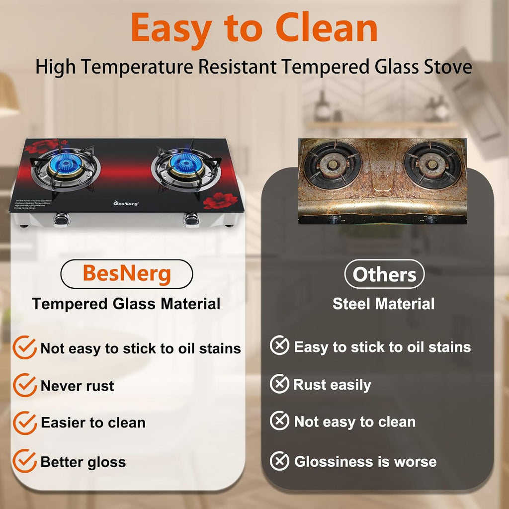 2 Burner Propane Gas Stove with Auto Ignition, 29000 BTU High-Efficiency Heavy-Duty Tempered Glass Cooktop, CSA Regulator & Hose Included, for Outdoor Camping Emergency