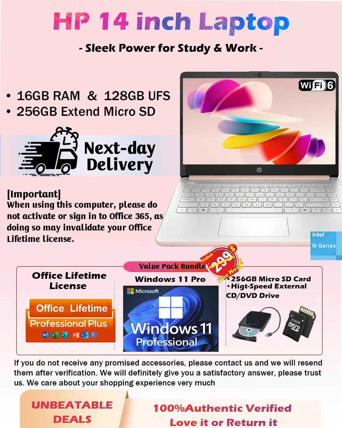 HP Business Student Laptop Computer - Windows 11 Pro & 1-Year Microsoft Office 365 | 14 inch HD | AI-Powered, Long Batter Hr N-Serious Laptop| 16GB RAM, 128GB UFS, 256GB Extend Micro SD
