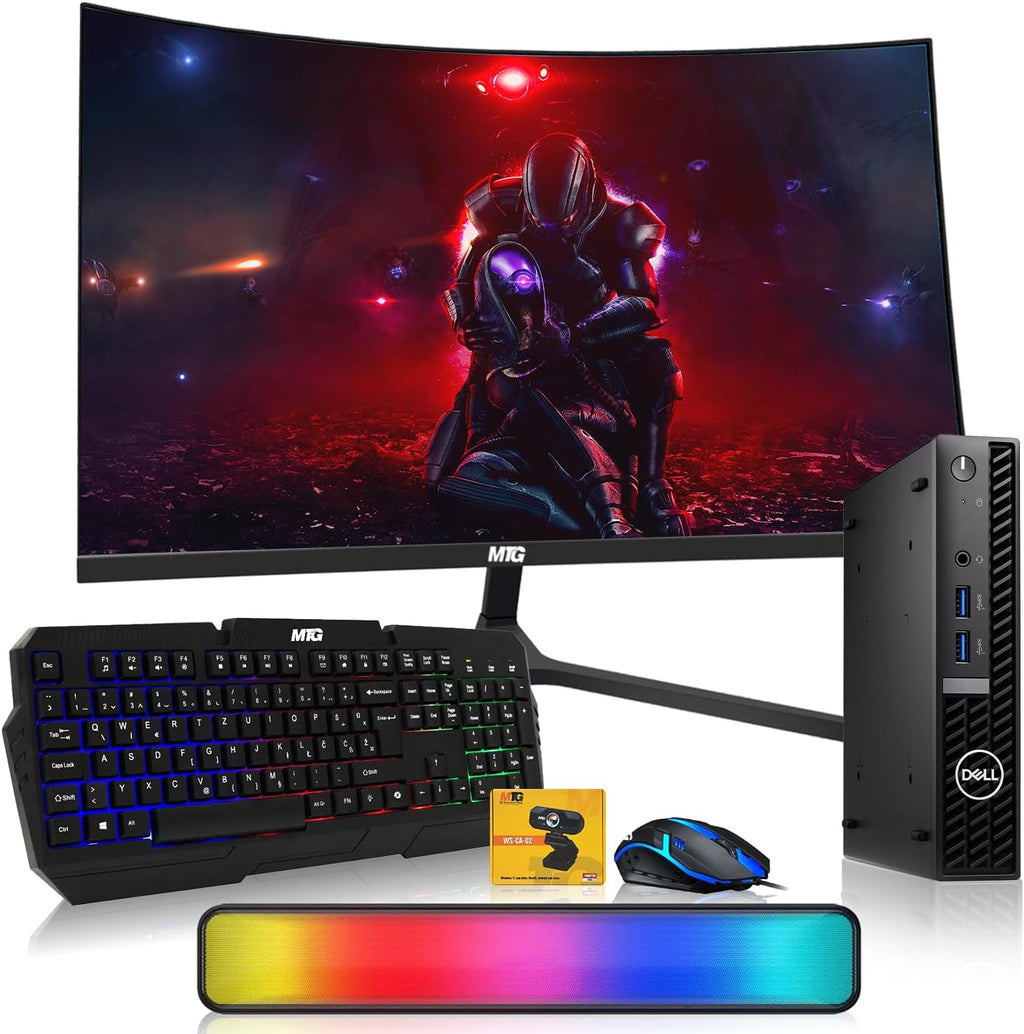 Dell Optiplex Tiny Mini Desktop PC, Intel Core i5, 32GB RAM, 1TB SSD with 27 inch Curved Monitor, AI Enabled RGB Keyboard Mouse, RGB Soundbar and Webcam Windows 11 Pro (Renewed)