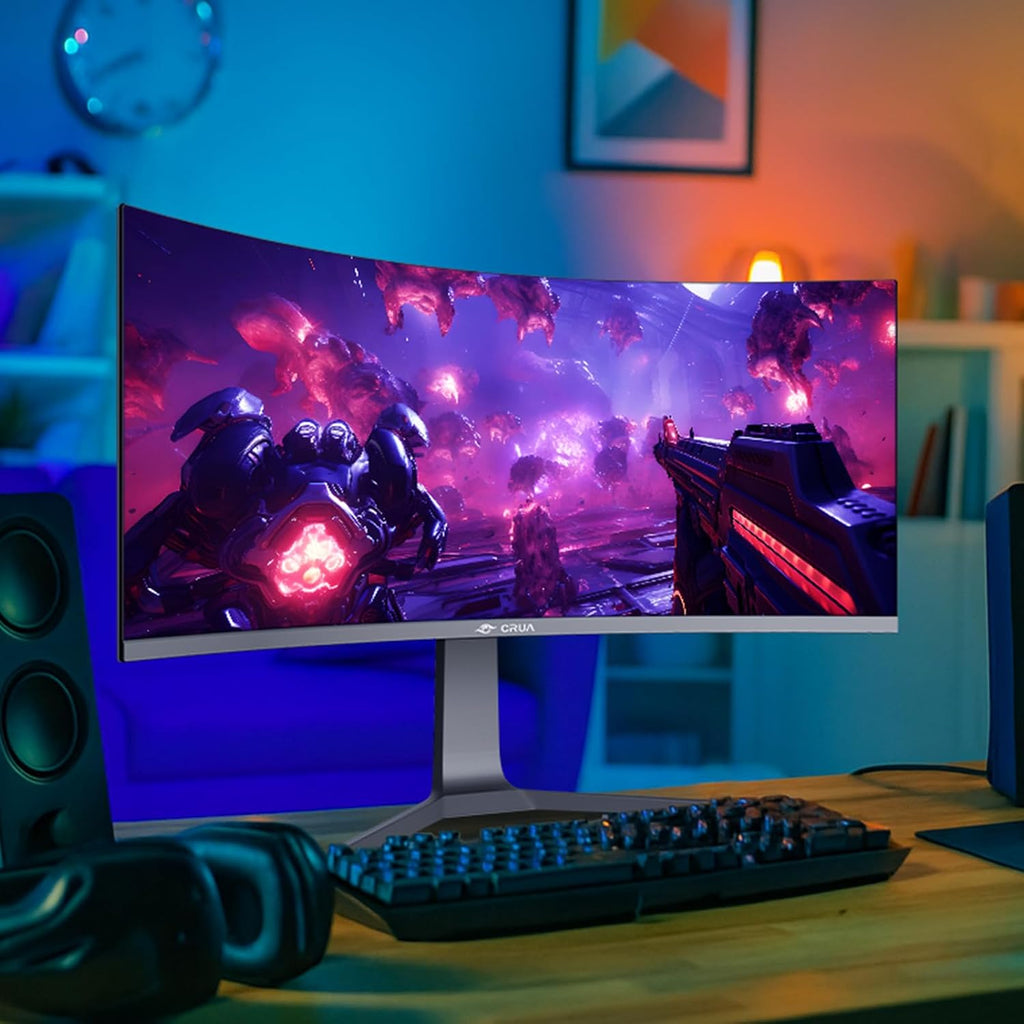 CRUA 34' Curved Gaming Monitor, IPS WQHD(3440x1440P) 120Hz 1900R 21:9 UltraWide PC Display, 130% sRGB, AMD FreeSync, Blue Light Filter, HDMI/DP Ports, Wall Mountable Installs– Black