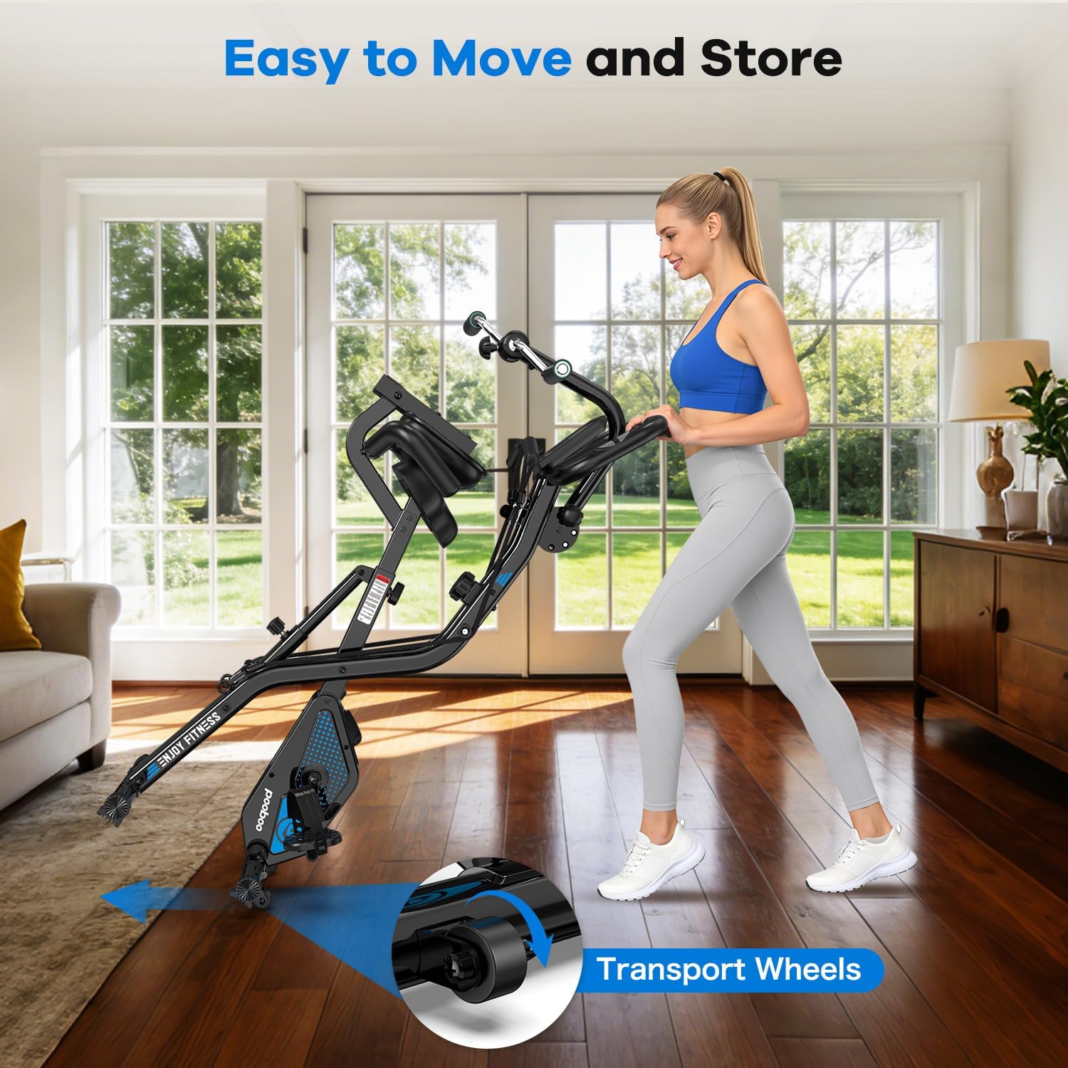 pooboo Folding Exercise Bike, Foldable Upright Stationary Bike, Indoor Cycling Magnetic X-Bike with 8-Level Adjustable Resistance, 6.6 LBS Flywheel, 300LB Capacity, Back Support Cushion for Home Gym