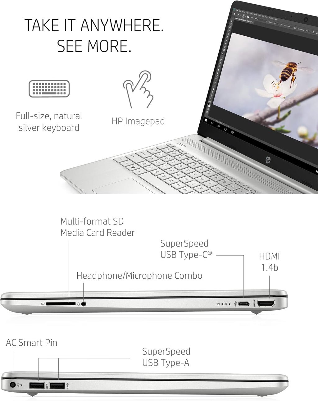 HP 15.6 Inch Laptop, Intel Iris Xe Graphics, 11th Generation Intel Core Processor, 8 GB RAM, 256 GB SSD, Windows 11 Home (15-dy2024nr, Natural Silver)