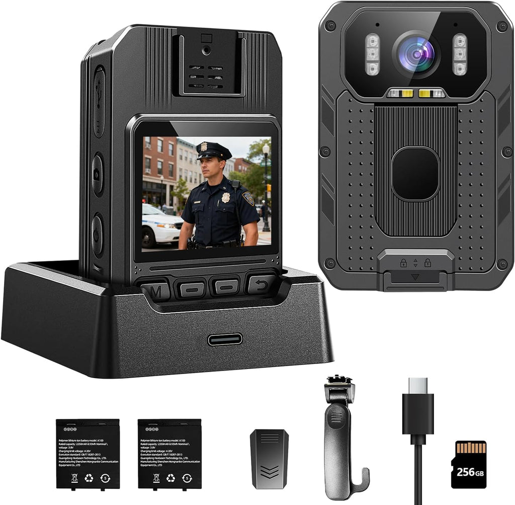 4K Body Camera, 256GB Body Cam with Two 2350mAh Batteries Work 13-15H, Waterproof IP68 H.265 Video Code, Body Camera with Audio and Video Recording for Police Hiking Security Patrol