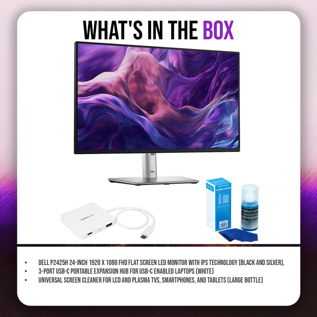 Dell P2425H 24-Inch 1920 x 1080 FHD Flat Screen LED Monitor Bundle with 3-Port USB-C Portable Expansion Hub for USB-C and Universal Screen Cleaner for LCD (Large Bottle) (3 Items)